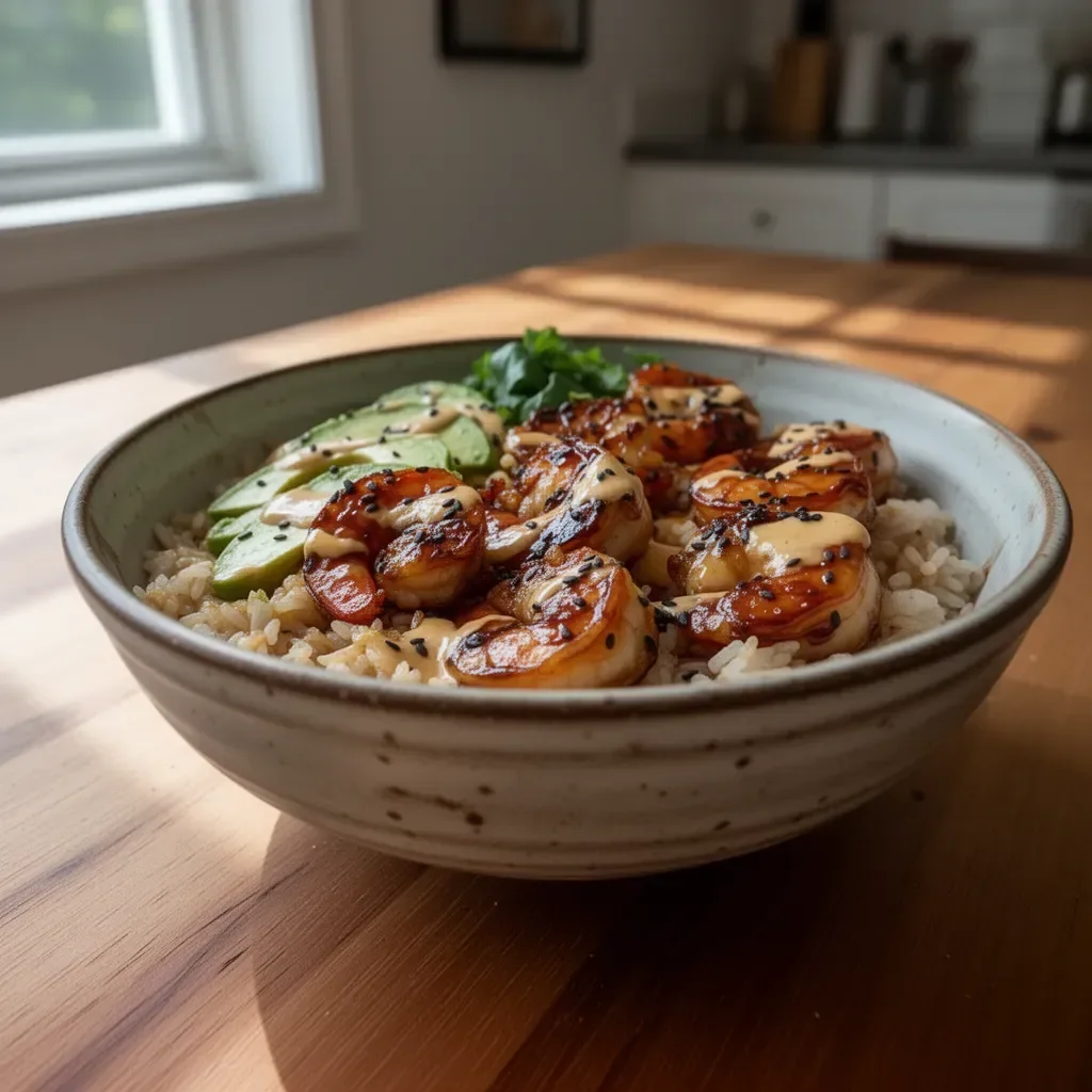 A colorful bowl of teriyaki shrimp rice with vegetables and sesame seeds