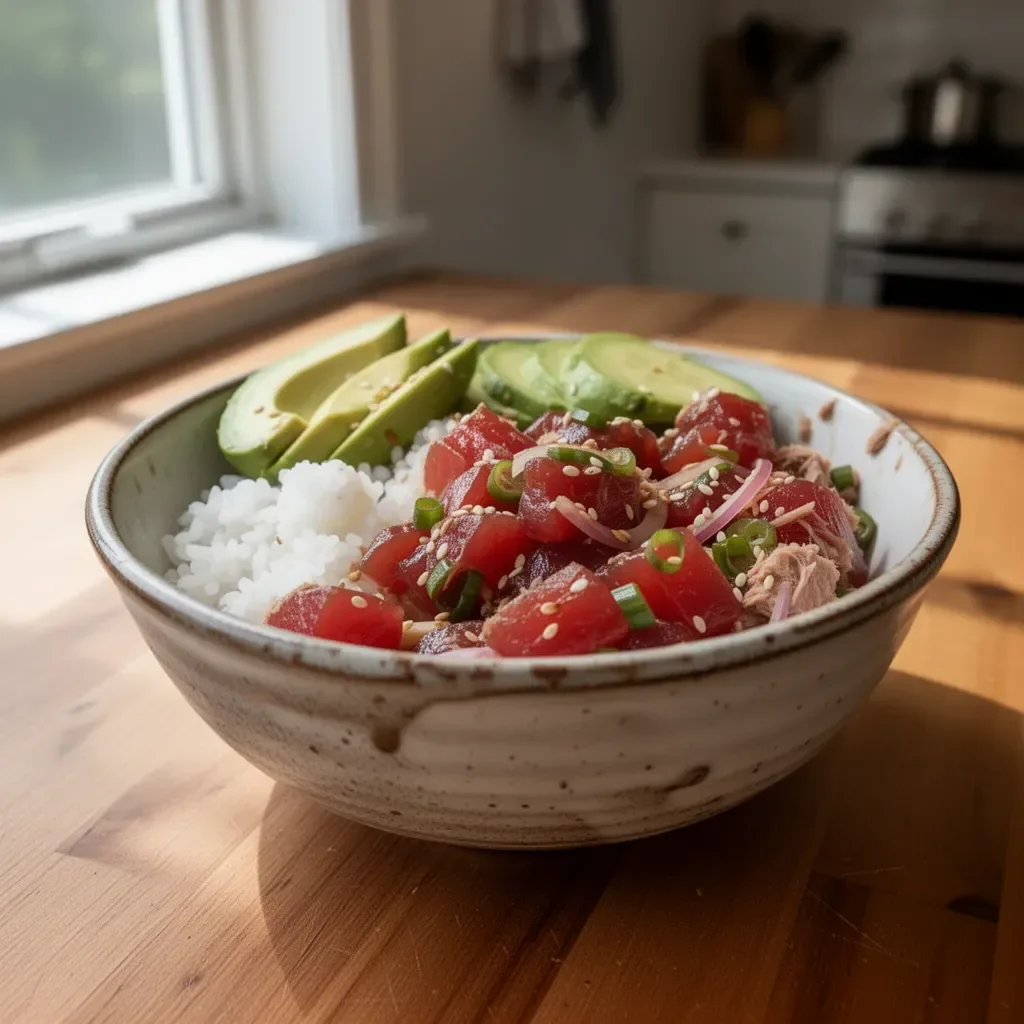 Delicious tuna poke bowl topped with fresh ingredients and a flavorful sauce.
