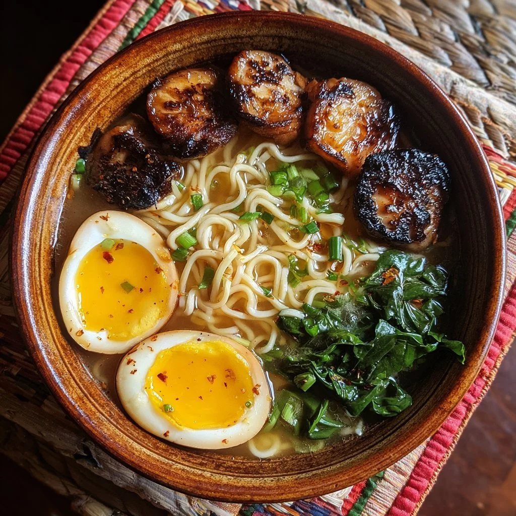 Tiktok famous ramen dish topped with green onions and egg.