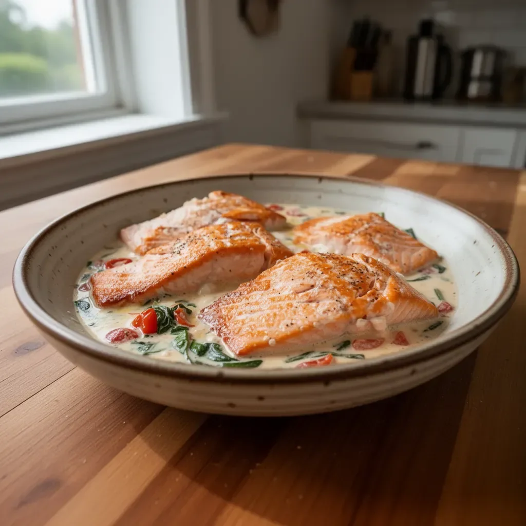 Tuscan Salmon served with creamy tomato-basil sauce