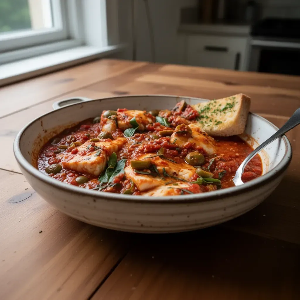 Delicious and savory Fish Puttanesca served with fresh ingredients