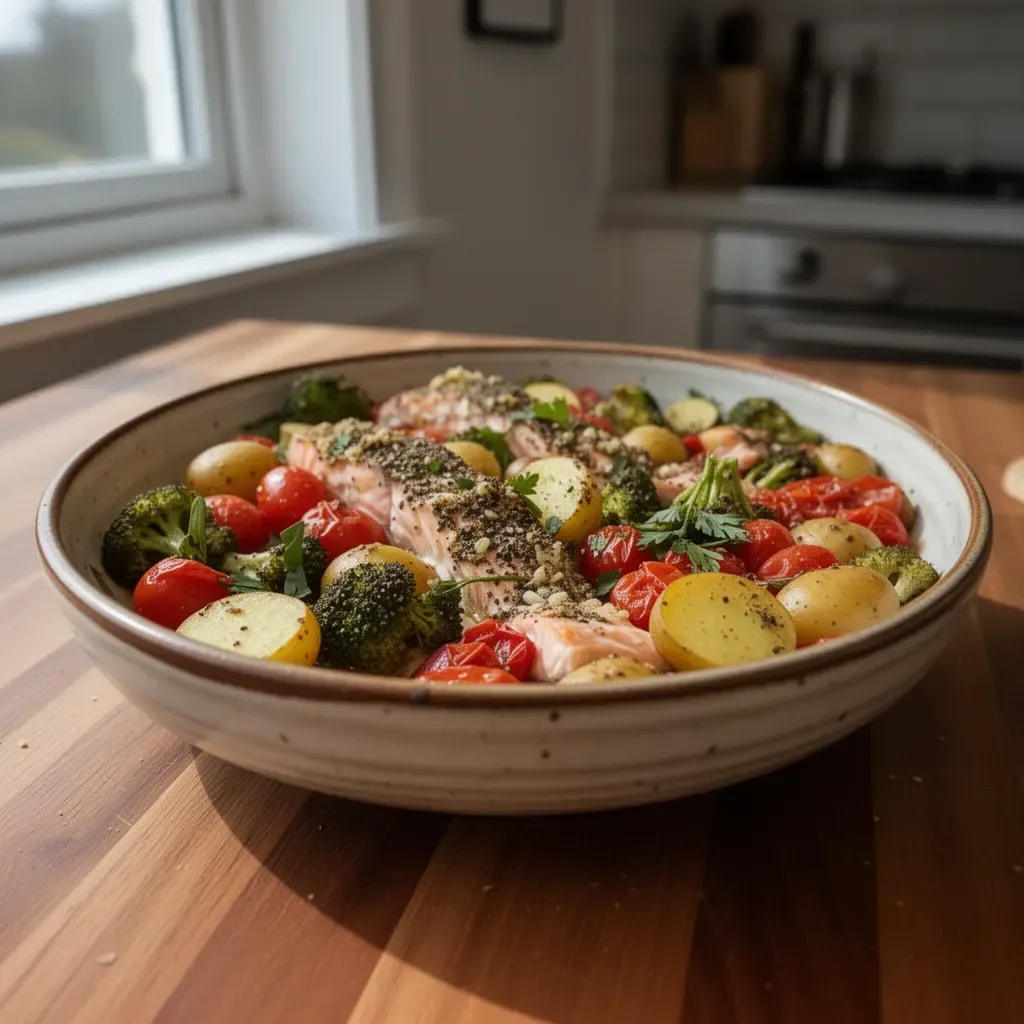 Delicious Za'atar Garlic Salmon garnished with herbs and lemon
