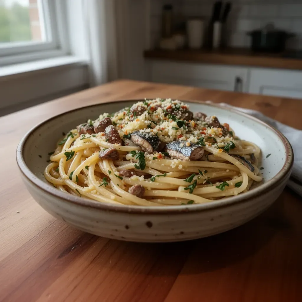 Delicious zesty garlic sardine pasta garnished with herbs
