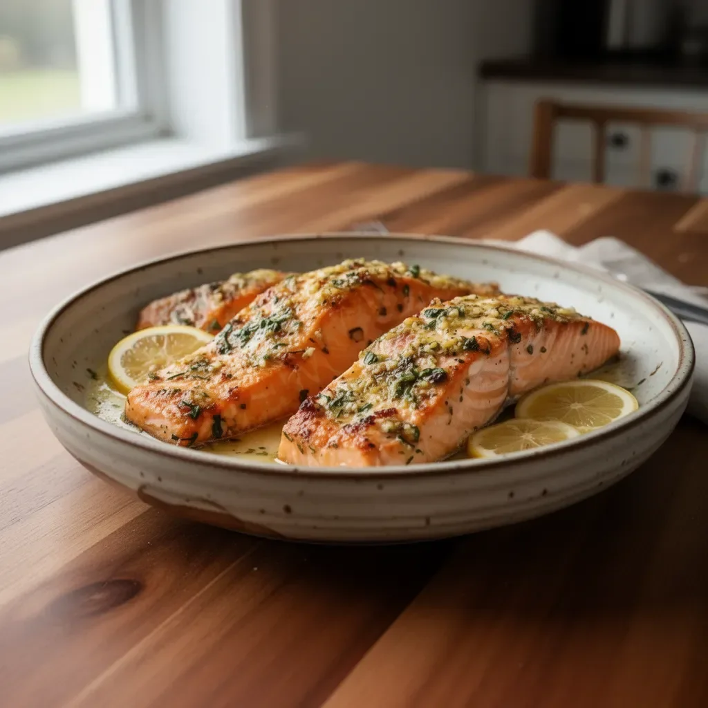 Quick baked salmon recipe with lemon garlic butter for a healthy dinner