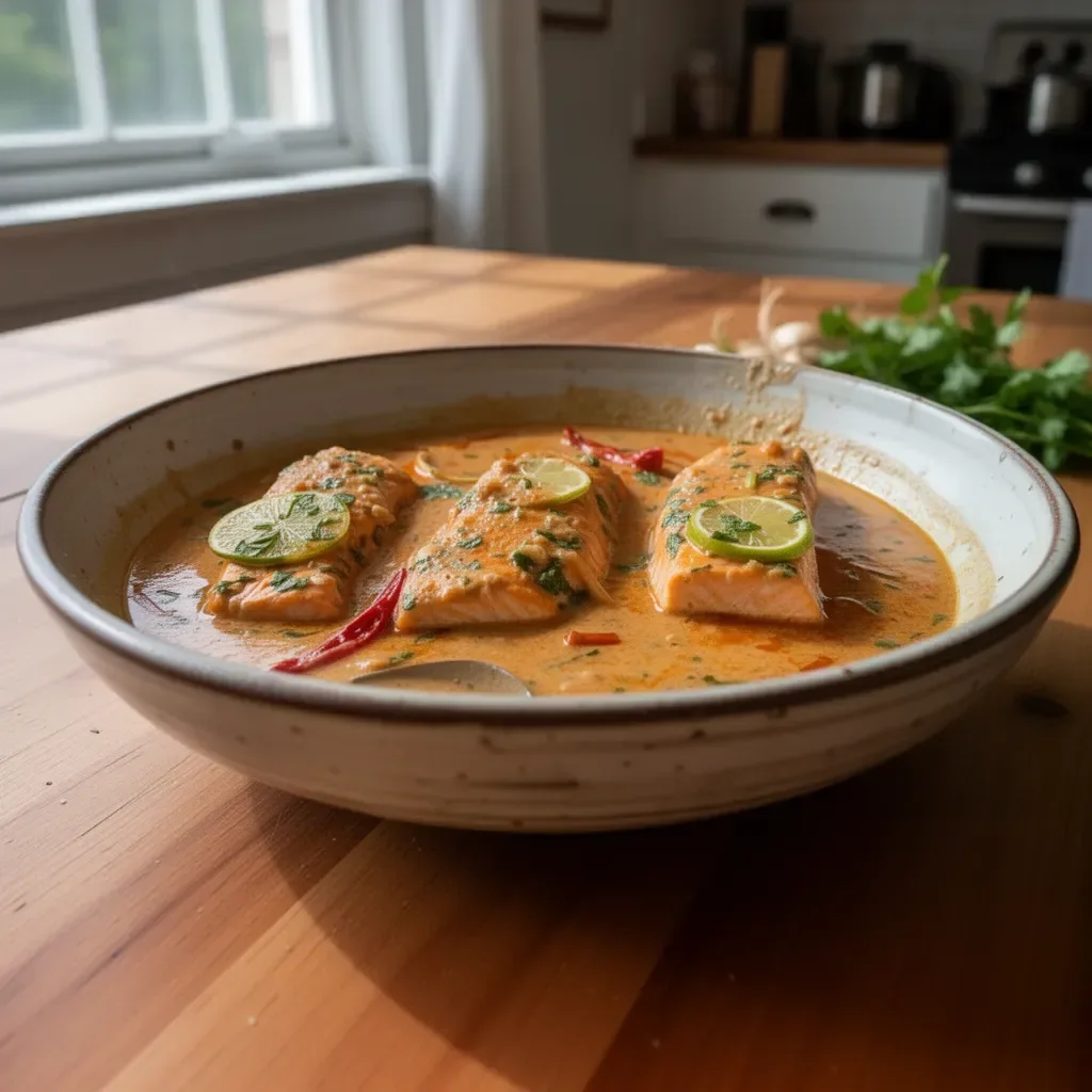30 Minute Coconut Thai Salmon Curry served in a bowl with fresh herbs
