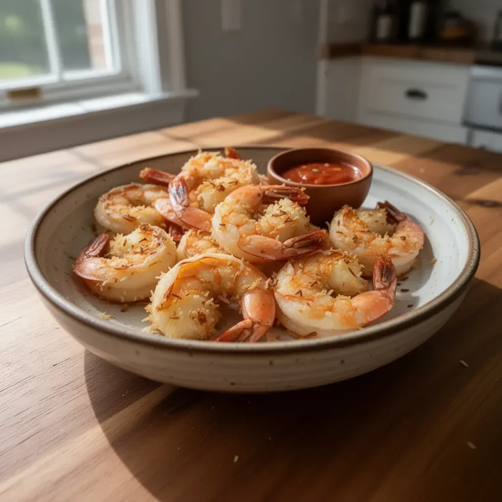 Tasty baked coconut shrimp plated with dipping sauce