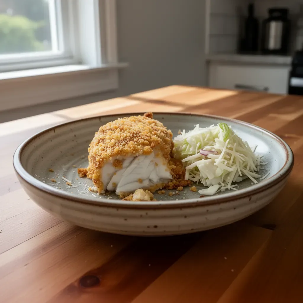 Air Fryer Parmesan-Crusted Halibut served on a plate with lemon and herbs