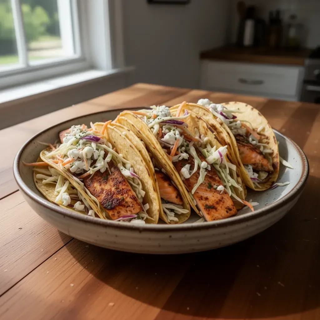 Air Fryer Salmon Tacos topped with fresh slaw in a tortilla