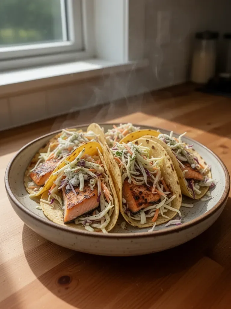 Air Fryer Salmon Tacos with Slaw