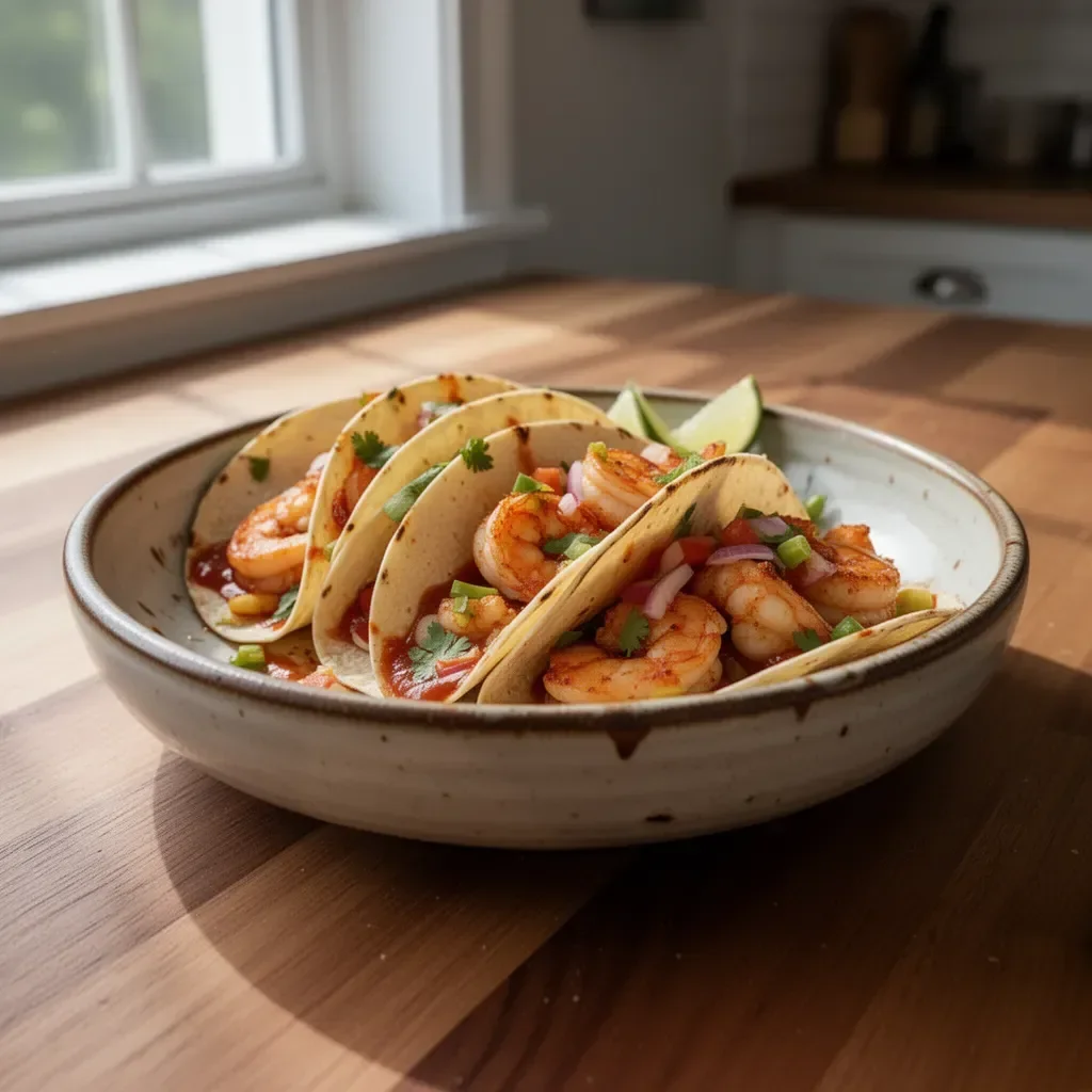 Crispy air fryer shrimp tacos topped with fresh ingredients