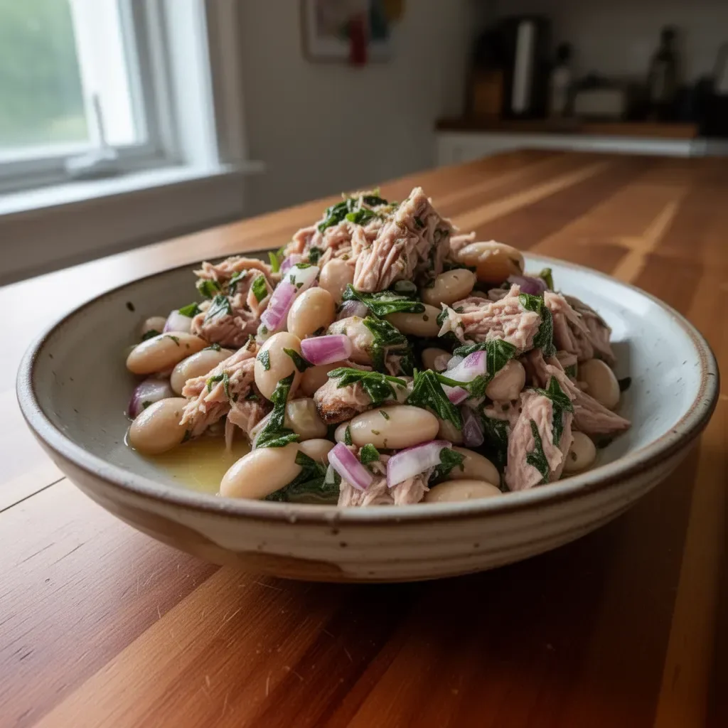 Delicious tuna salad with white beans and fresh vegetables