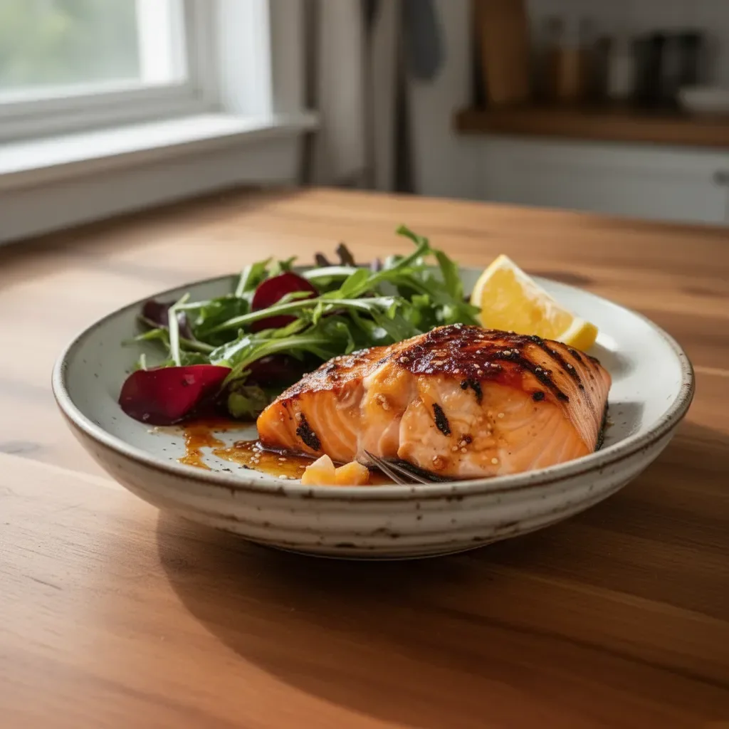 Delicious Asian grilled salmon garnished with herbs and spices on a plate