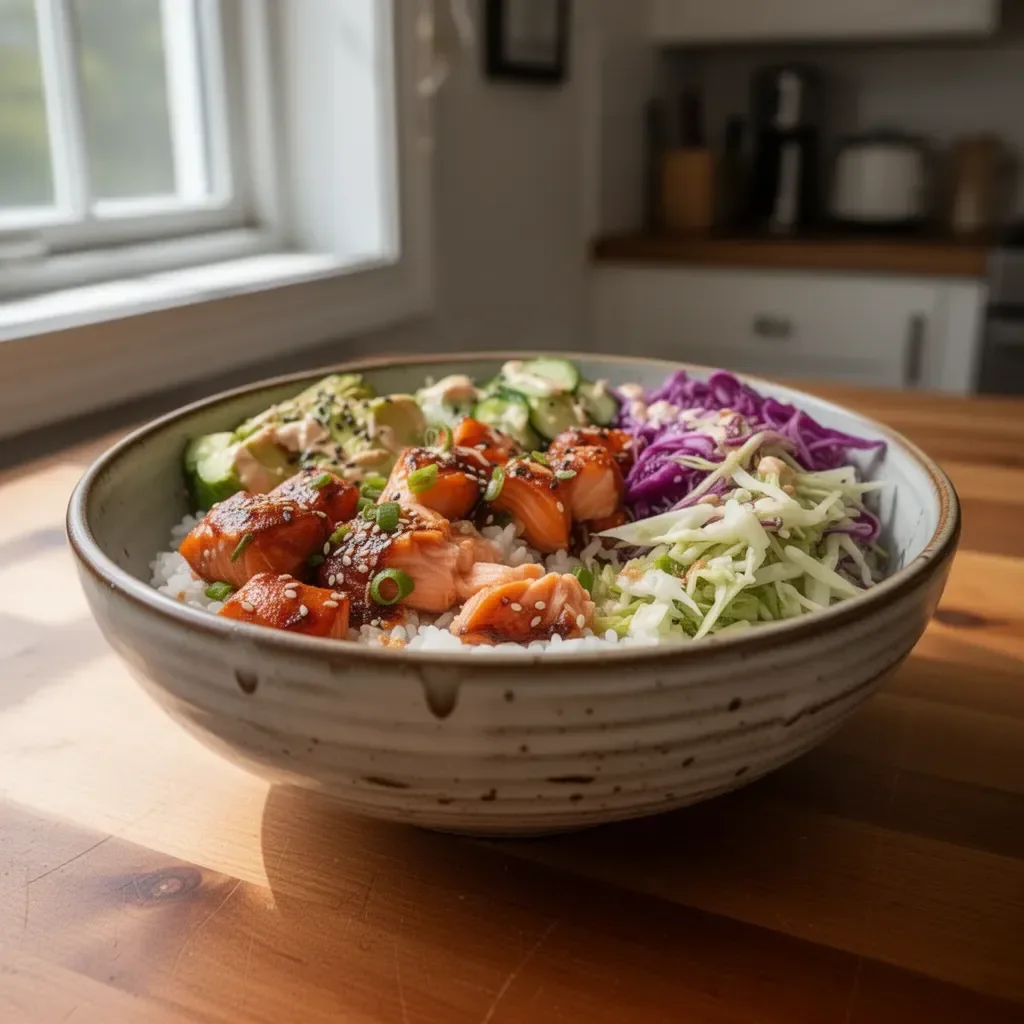 Delicious Asian Salmon Rice Bowl with fresh ingredients and vibrant flavors