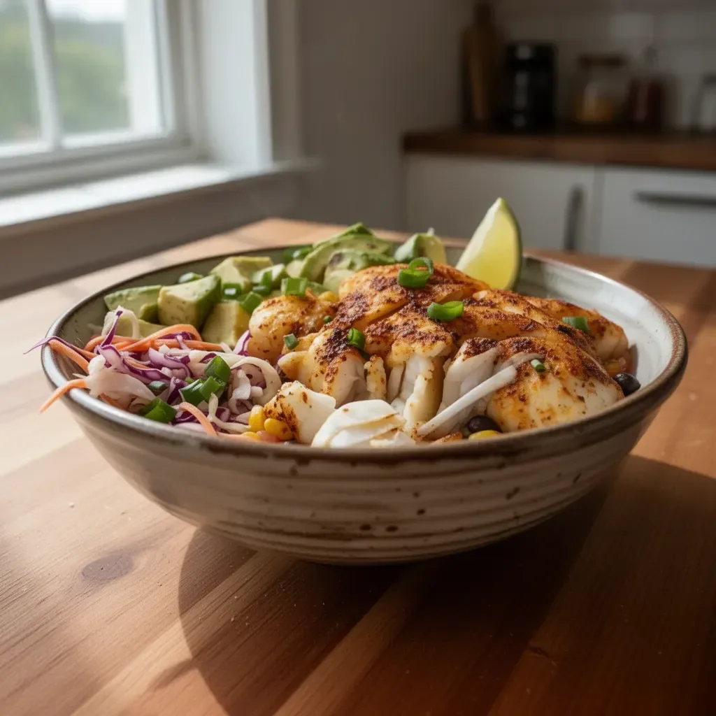 Baja Fish Taco Bowl with fresh ingredients and vibrant toppings