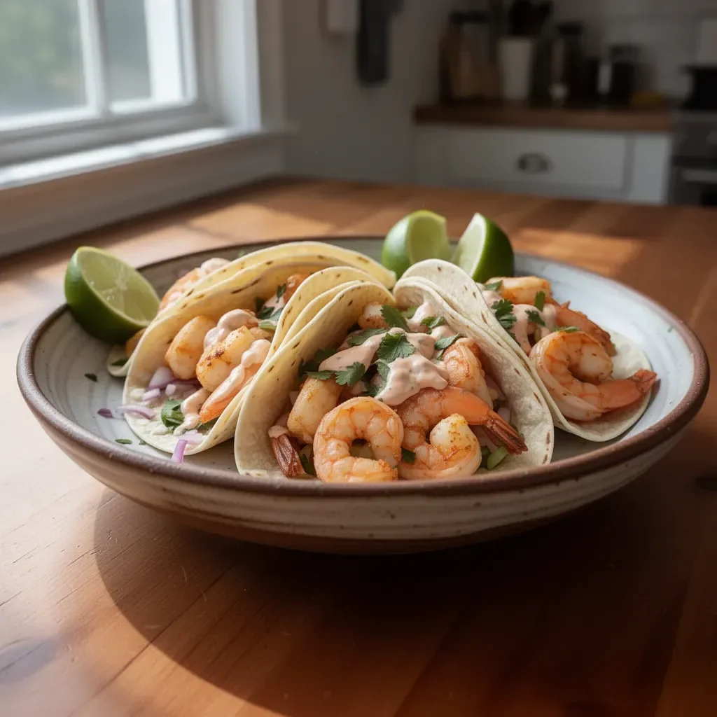 Plate of colorful Baja shrimp tacos with fresh toppings and lime
