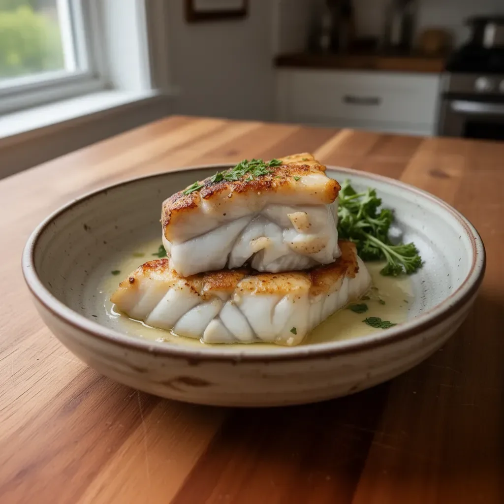 Baked Chilean Sea Bass served with lemon and herbs on a plate.
