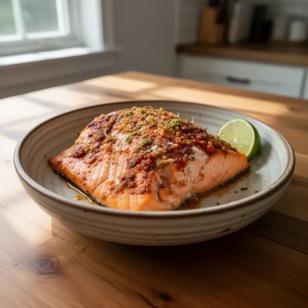 Baked Chili Lime Salmon with vibrant spices and garnishes