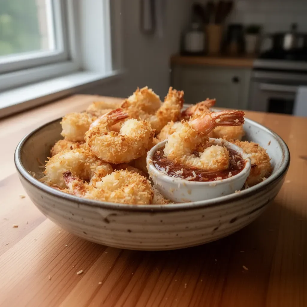 Plate of crispy baked coconut shrimp with dipping sauce