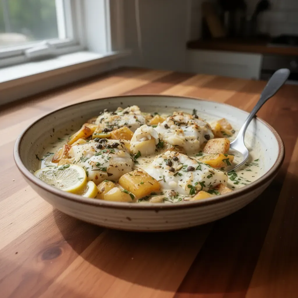Baked cod fish in herbed cream sauce served on a plate.