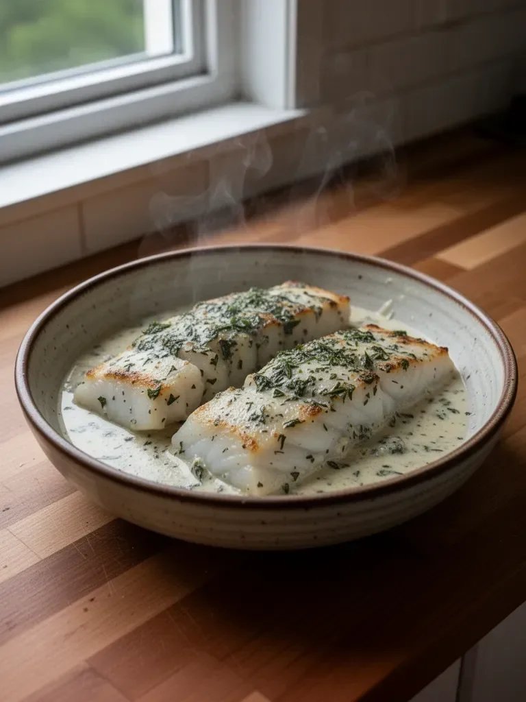 Baked Cod Fish in Herbed Cream Sauce