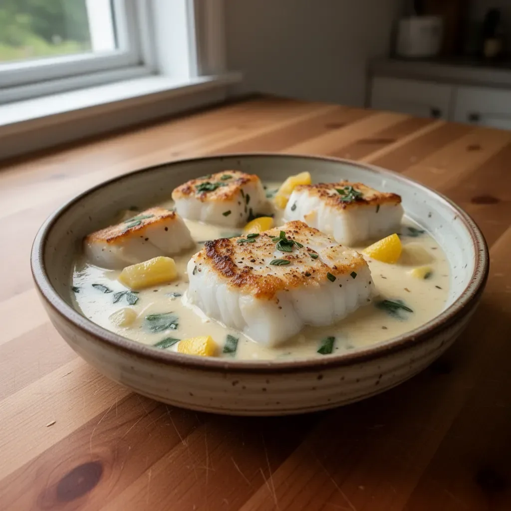 Baked Cod fillet served with coconut lemon cream sauce on a plate