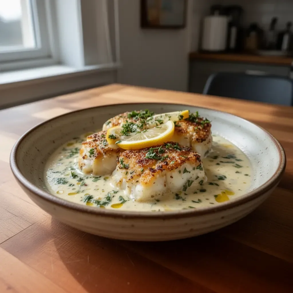 Baked cod fillet topped with coconut lemon cream sauce on a plate.