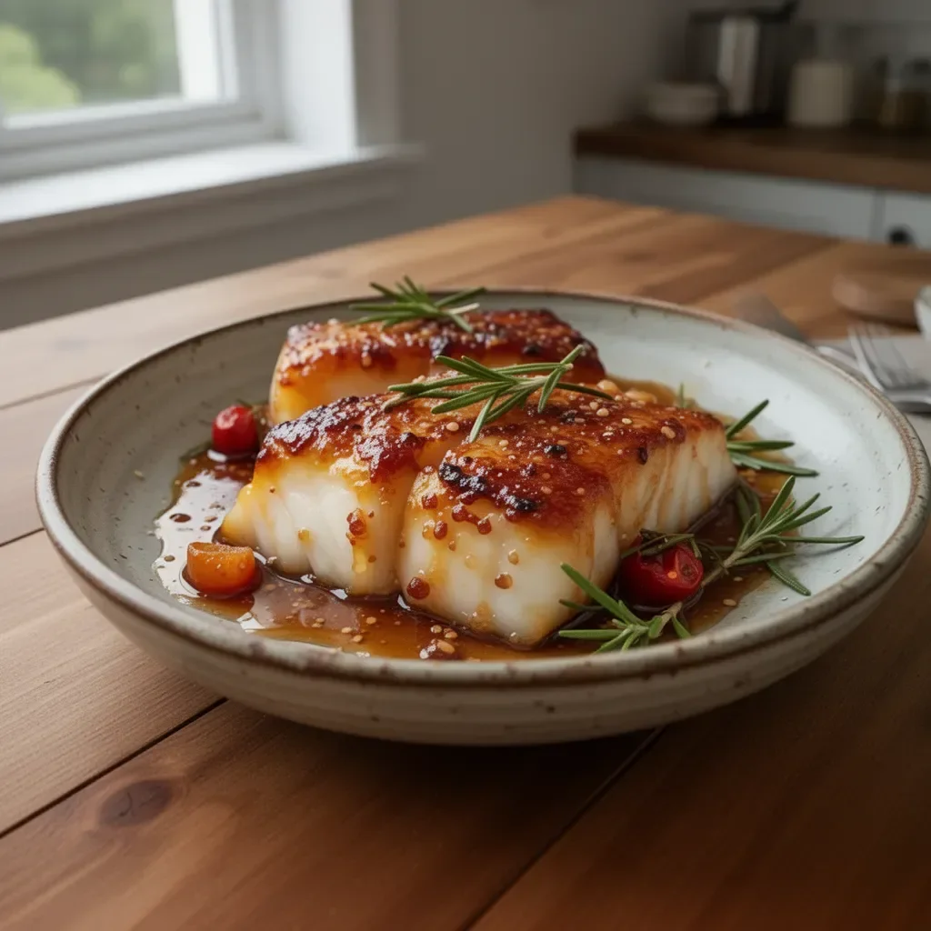 Baked cod fillet garnished with herbs and served with honey soy marinade