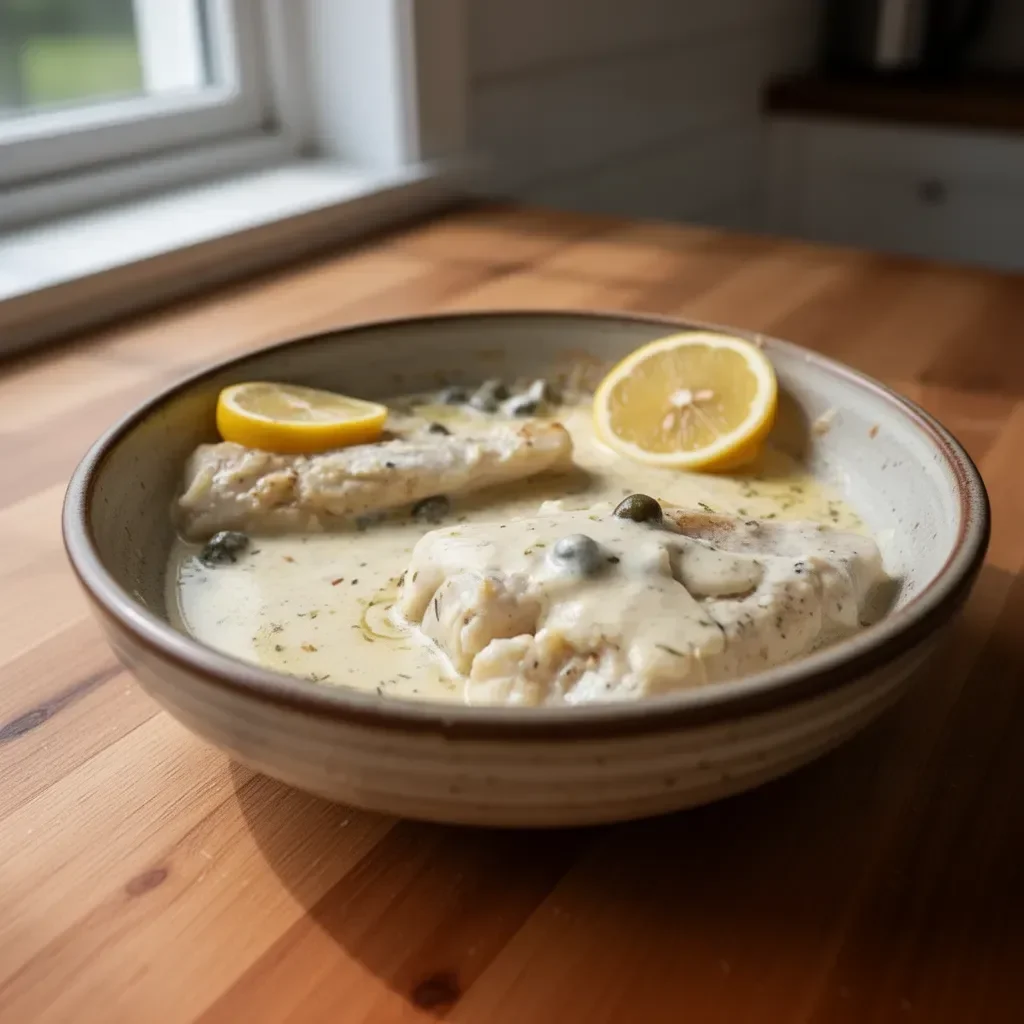 Baked Cod with Lemon Cream Sauce on a plate
