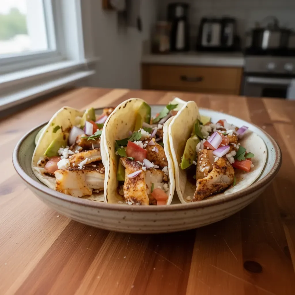 Baked fish tacos with fresh ingredients on a plate