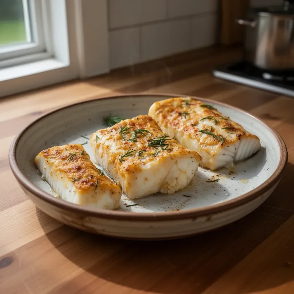 Baked halibut fillet served with vegetables and lemon garnish