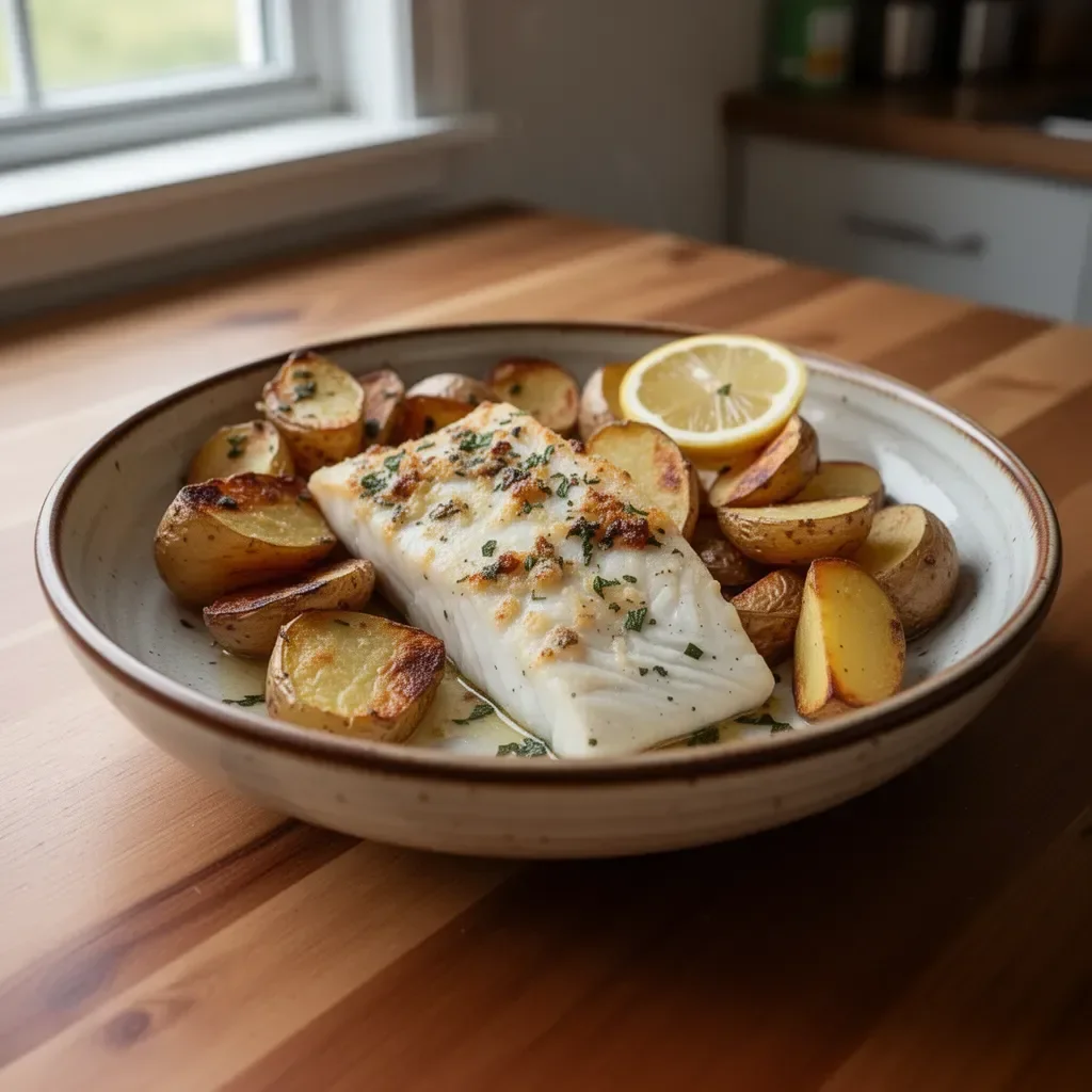 Plate of baked halibut with potatoes and vegetables