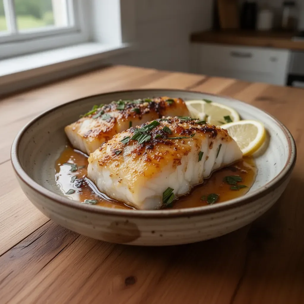 Baked honey marinated cod fresh from the oven, plated beautifully.