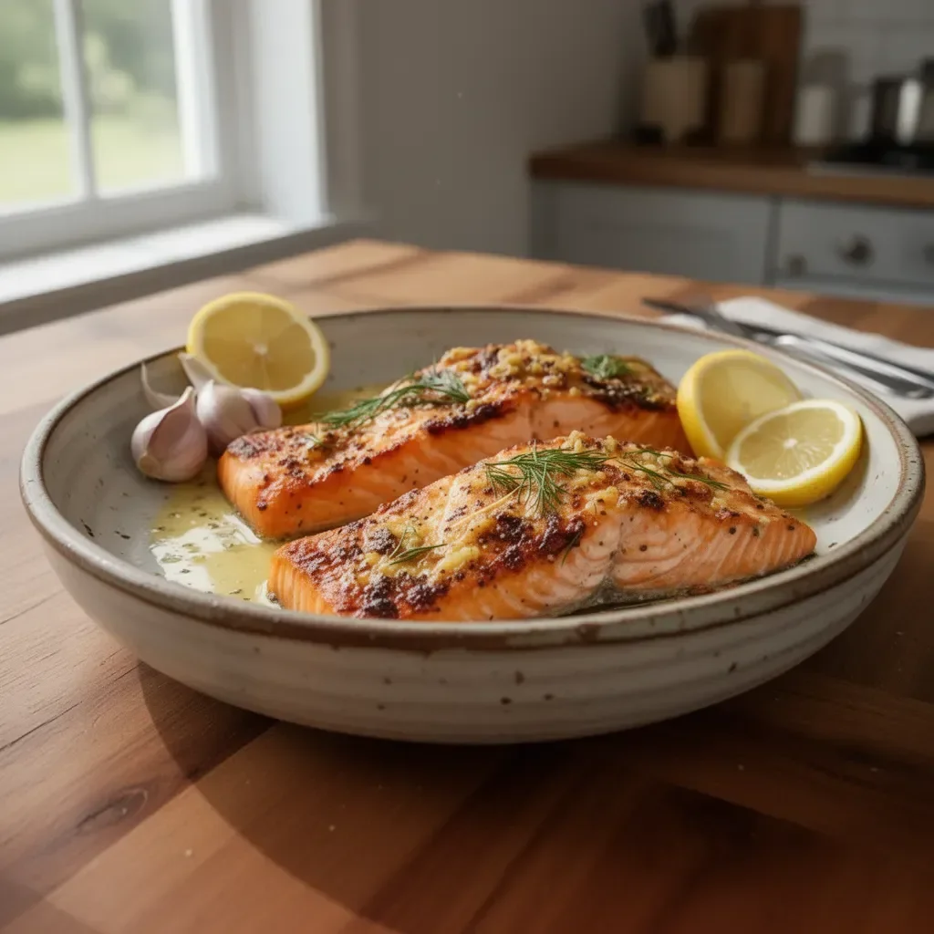 Baked Lemon Dijon Salmon with Garlic garnished with herbs