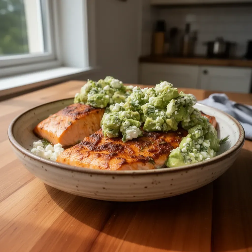 Baked salmon fillet with avocado and feta cheese on a plate