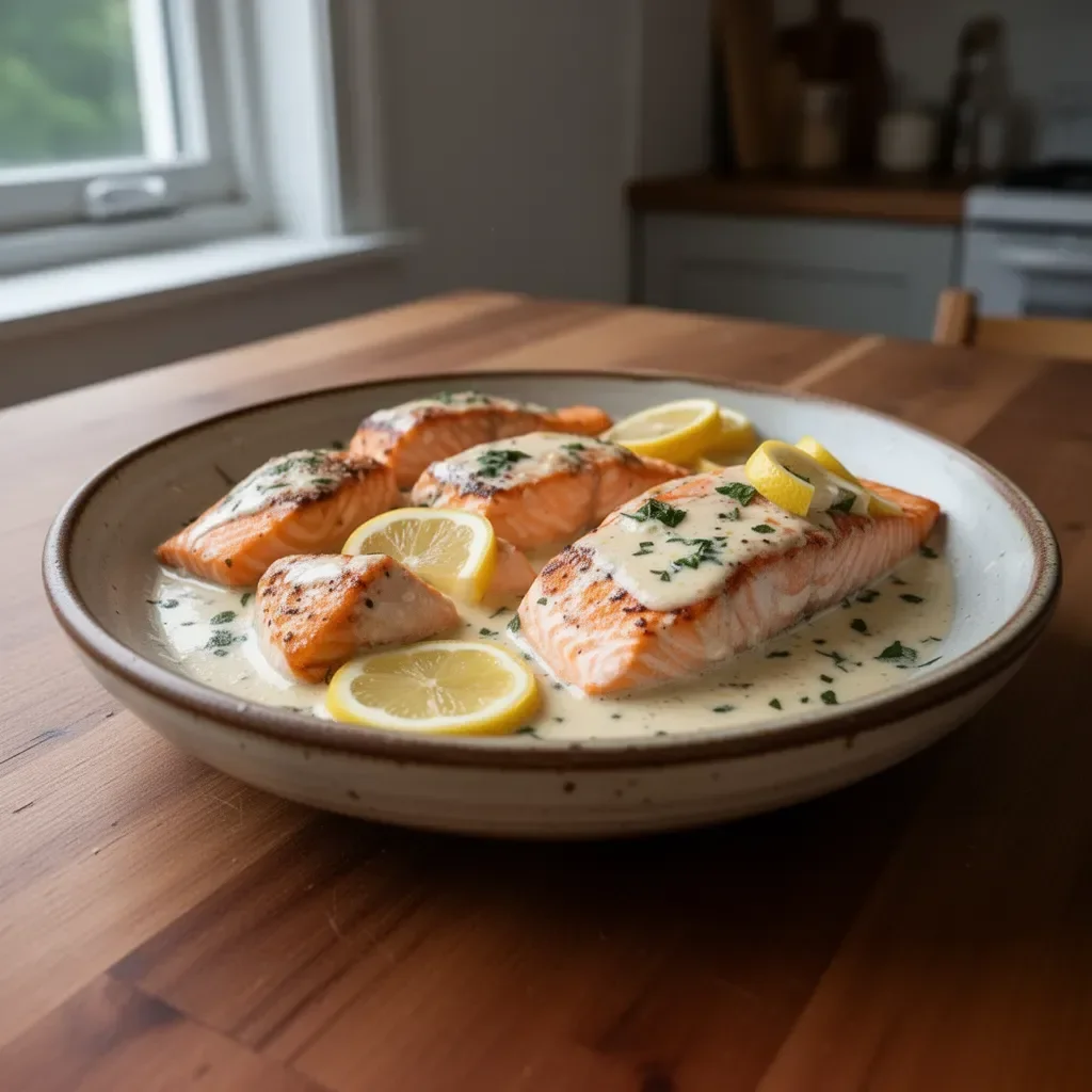 Baked salmon fillet topped with lemon butter cream sauce on a plate.