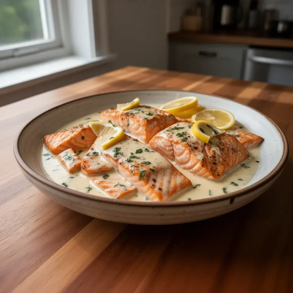 Baked salmon fillet topped with lemon butter cream sauce on a plate.