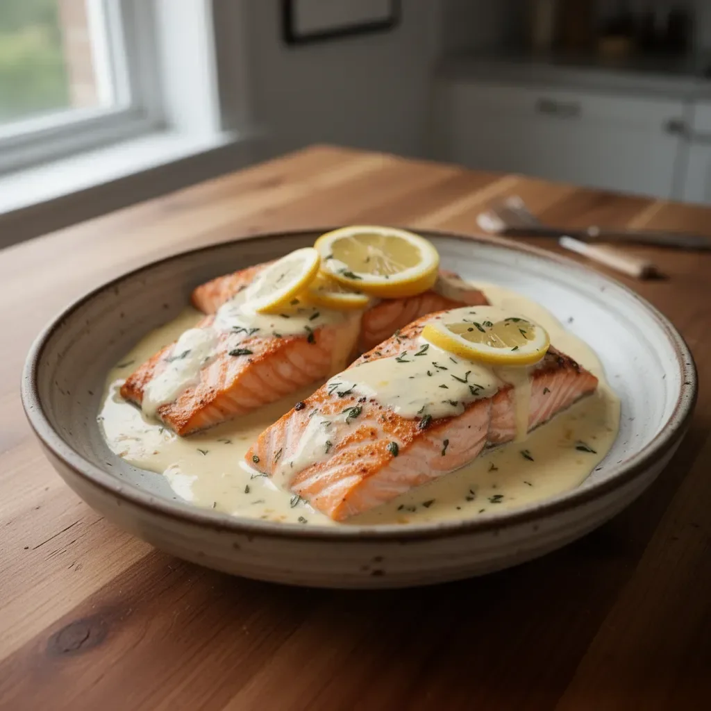 Baked salmon fillet topped with lemon butter cream sauce on a plate