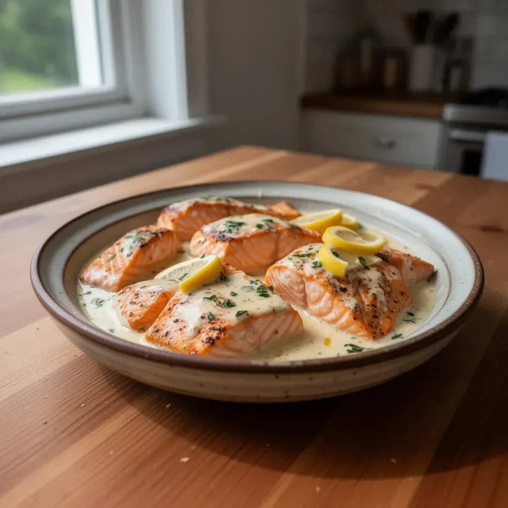 Baked salmon fillet garnished with lemon butter cream sauce