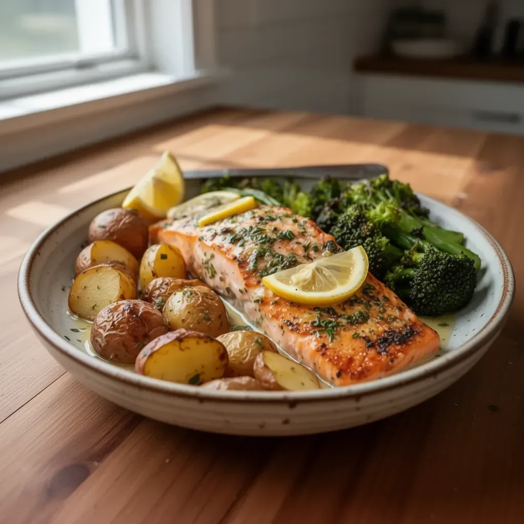 Baked salmon fillet topped with lemon butter sauce on a plate