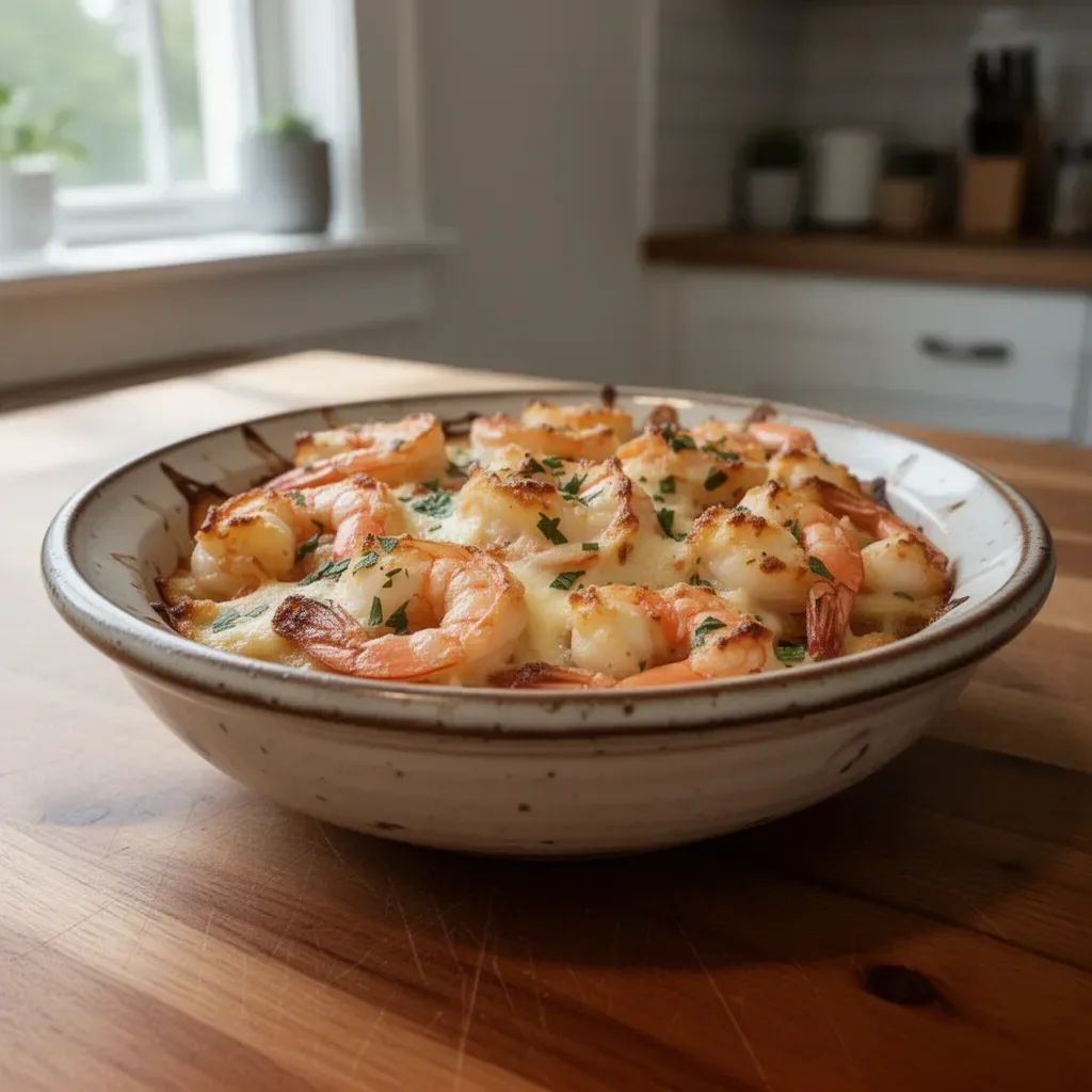 Delicious baked stuffed shrimp casserole in a ceramic dish