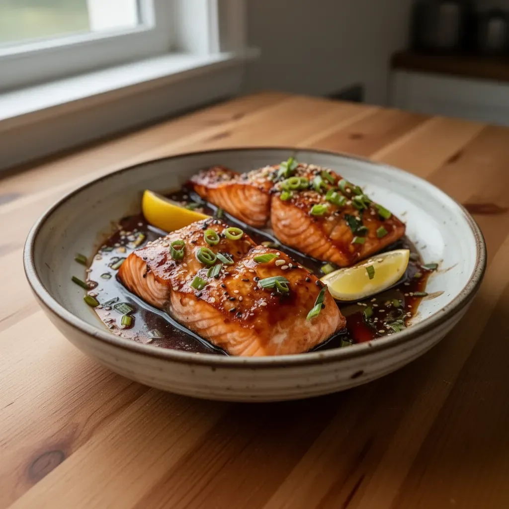 Delicious baked teriyaki salmon garnished with green onions and sesame seeds