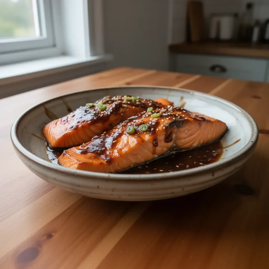 Baked Teriyaki Salmon served on a plate with vegetables