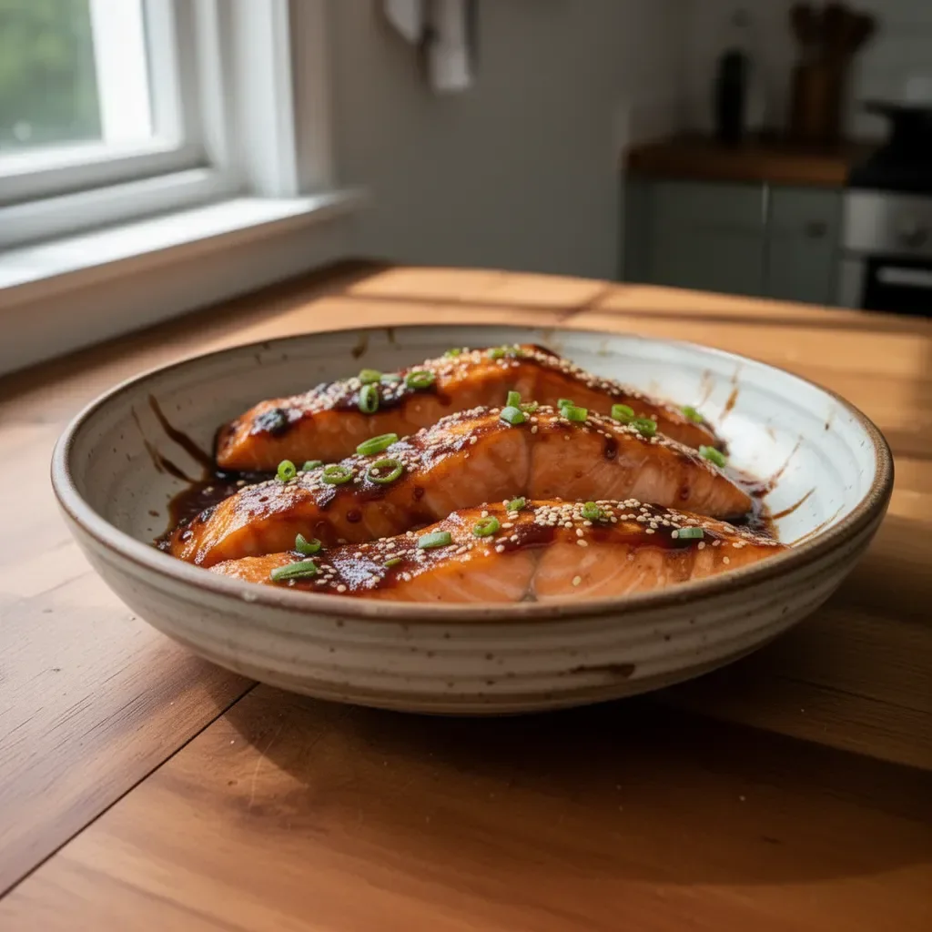 Baked Teriyaki Salmon garnished with herbs and served on a plate