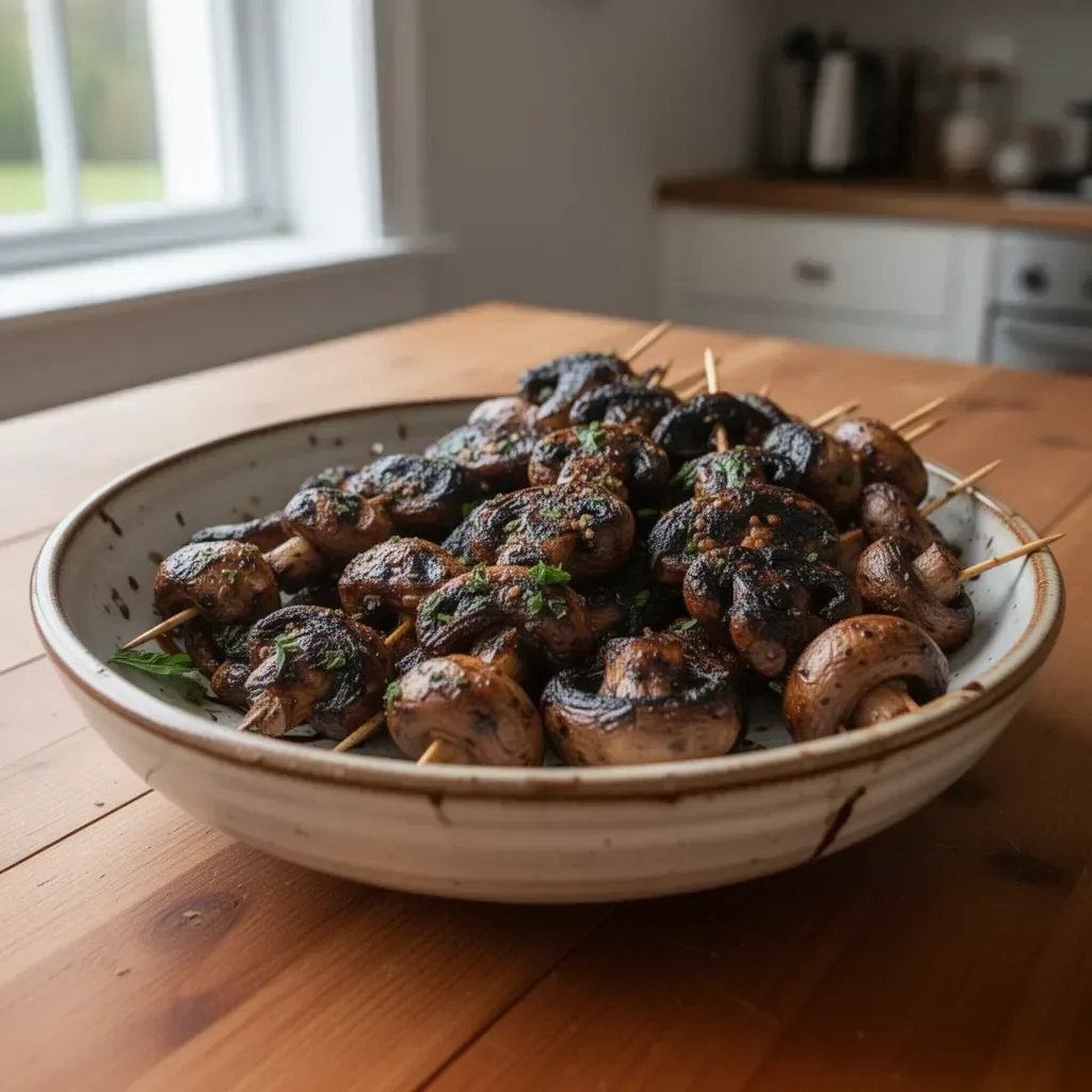 Balsamic garlic grilled mushroom skewers served on a plate