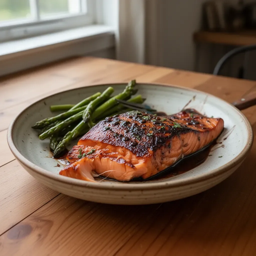 Balsamic glazed salmon fillet with herbs and vegetables.