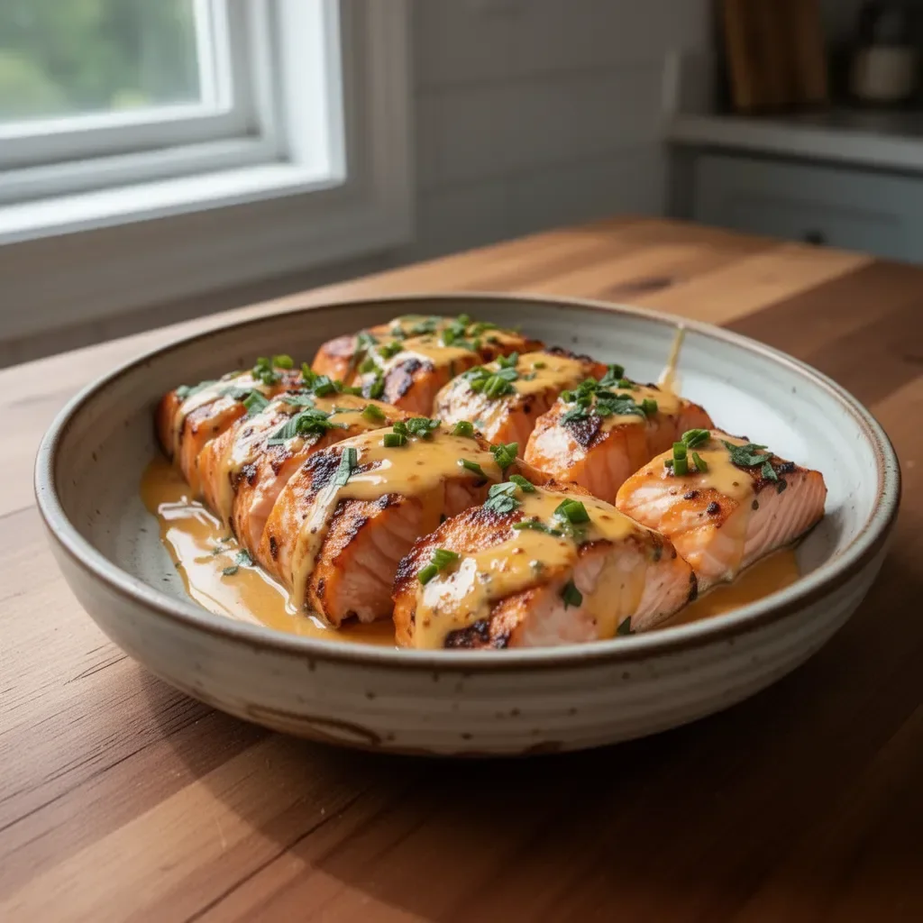 Delicious Bang Bang Salmon dish served with sauce and garnish