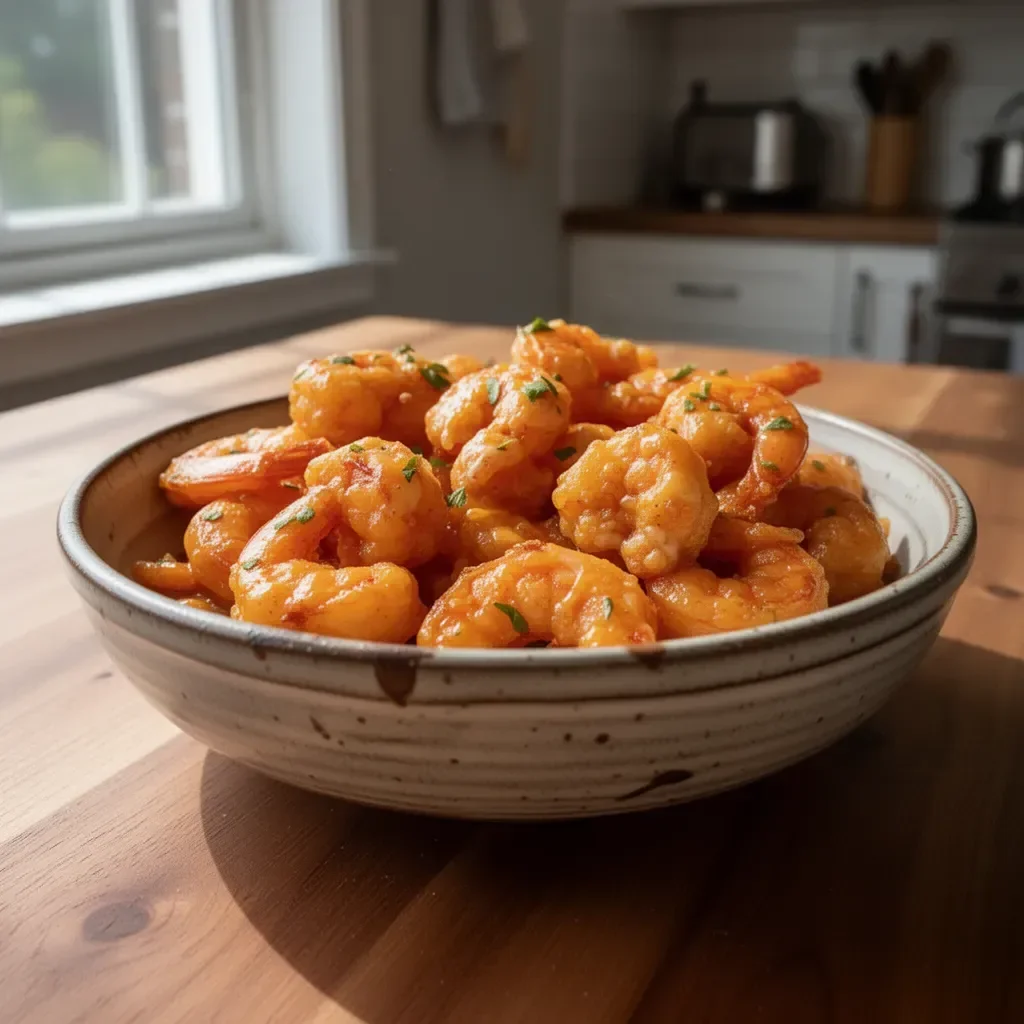 Plate of crispy Bang Bang Shrimp drizzled with spicy sauce