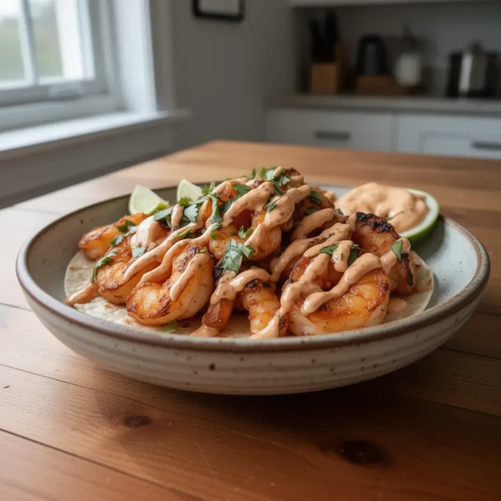 Plate of Bang Bang Shrimp Tacos topped with fresh ingredients and creamy sauce