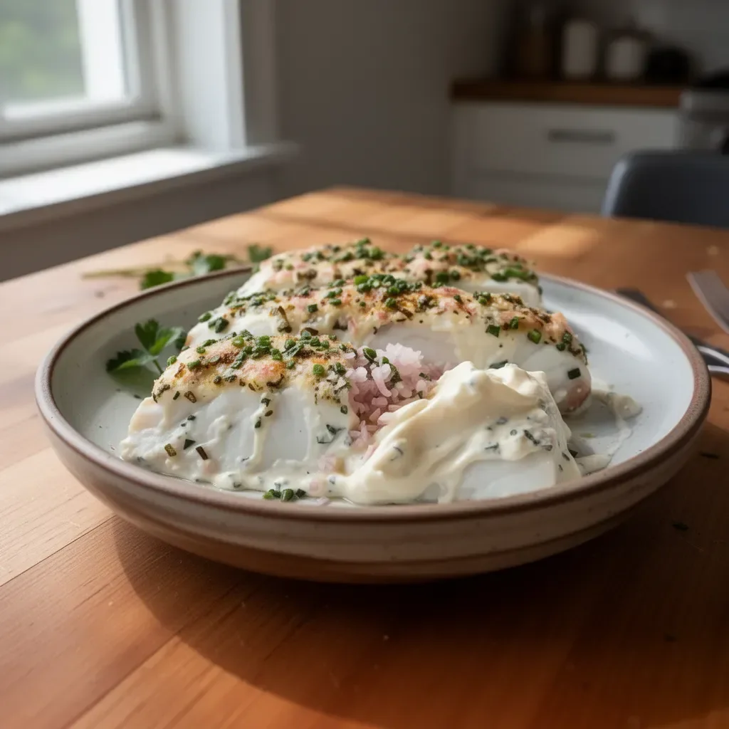 Delicious baked halibut with herbed mayonnaise crust on a plate.