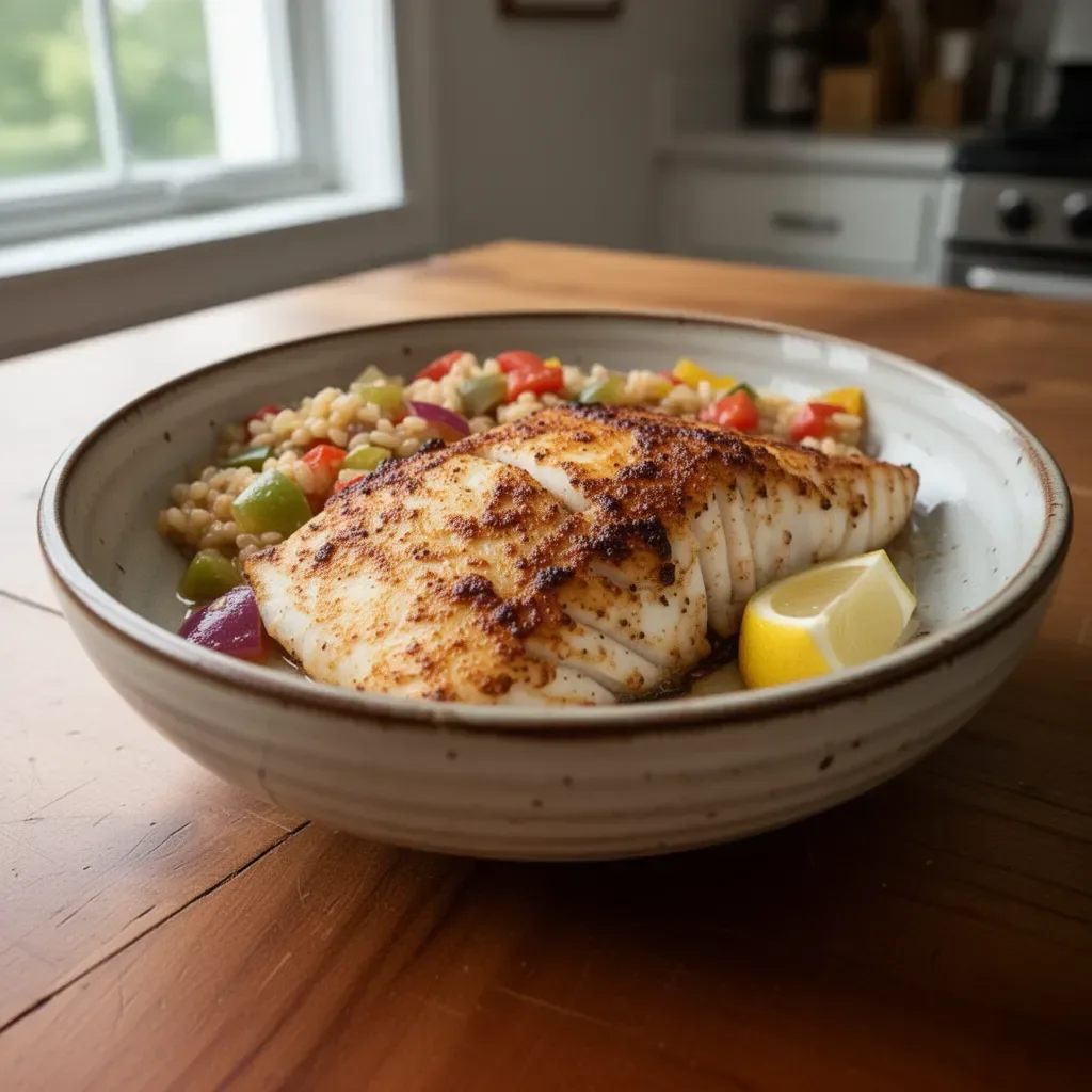 Delicious Cajun Halibut served with spices and herbs on a plate
